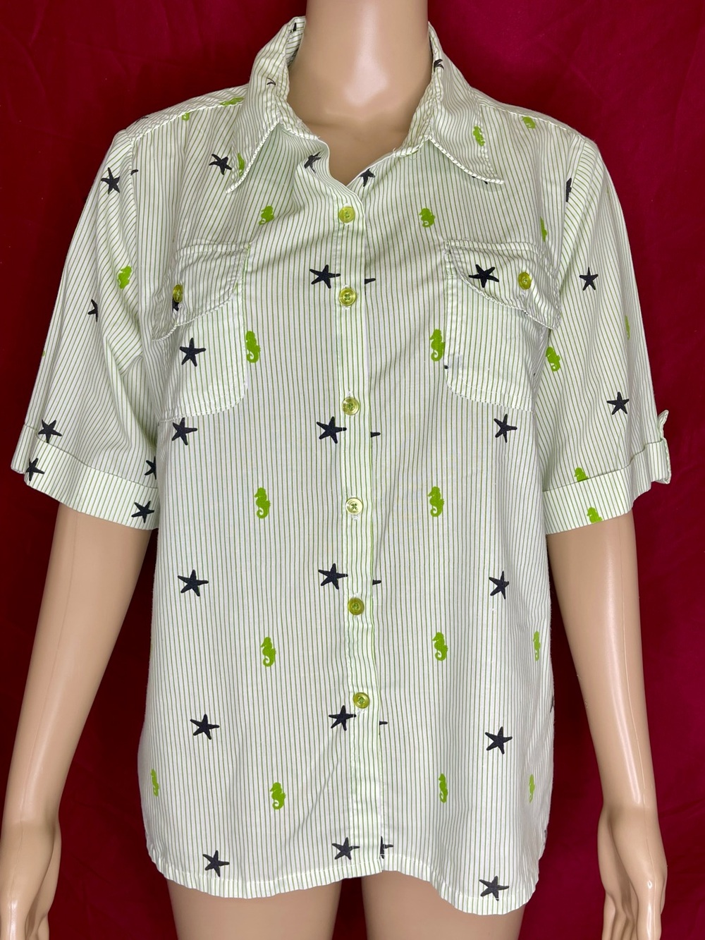 Vintage American Sweetheart Seahorse & Starfish Roll Tab Button Shirt Medium